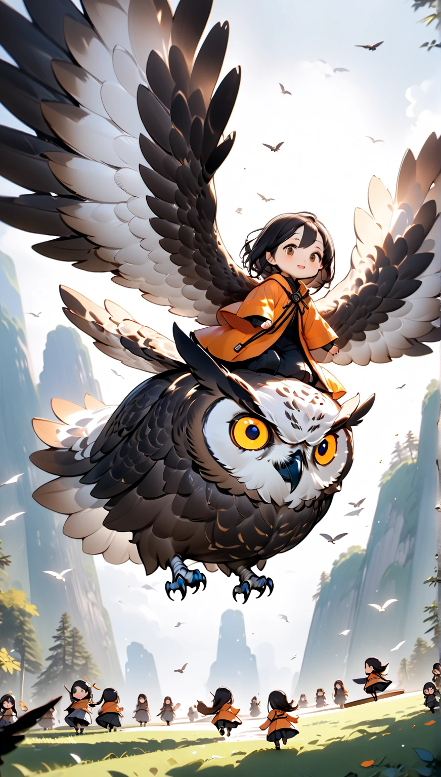 masterpiece， girl riding a giant flying owl , Hzk,   Ultra Miniature Girl  , 