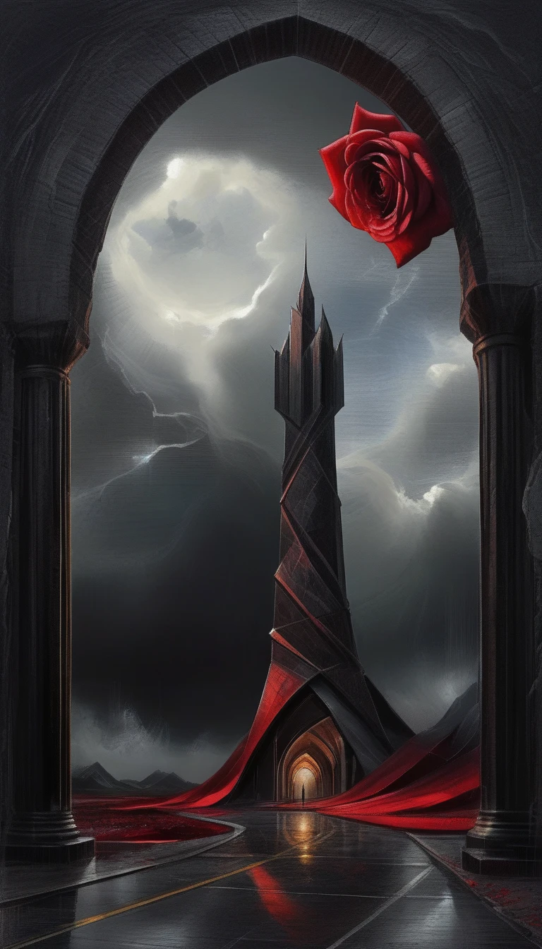 Realistic scenery, a black tower taller than edge of image, ((made of obsidian blocks)), Gothic architecture, roman arches, flying buttresses, red glass mosaic windows, sky is a dark and ominous vibe, sky is amber-red colored, ring thunder clouds around cloudy sky, the road to the tower is modern tarmac with painted lines, road is surrounded by royal red roses in bloom, roses have a tiny cosmos in the center of the bloom, moody, atmospheric, darkly threatening, awawa, pencekenan