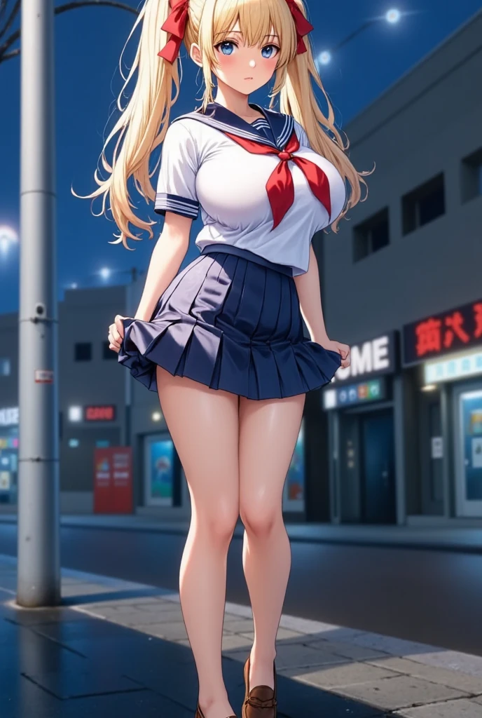 (masterpiece), best quality, expressive eyes, perfect face,girl, 1 girl, 18yo, Blonde, twintails, (((big titts))), dark blue eyes, (serious high school girl), school uniform,  sailor suit, middy uniform, (white shirt), red ribbon, (((((walking street))))), wet hair, standing, (brown school shoes), (full body), ((tsurime)), long shot, smile, ((( evening cityscape))), Vivid street lights and neon signs, ((( shot from the side)))