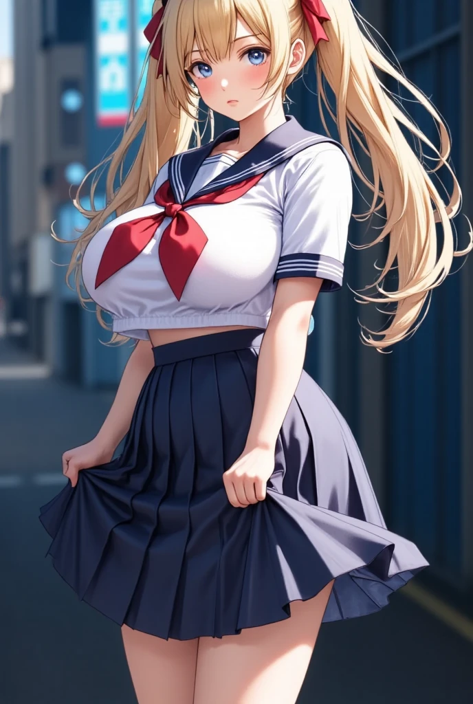 (masterpiece), best quality, expressive eyes, perfect face,girl, 1 girl, 18yo, Blonde, twintails, (((big titts))), dark blue eyes, (serious high school girl), school uniform,  sailor suit, middy uniform, (white shirt), red ribbon, (((((walking street))))), wet hair, standing, (brown school shoes), (full body), ((tsurime)), long shot, smile, ((( evening cityscape))), Vivid street lights and neon signs, ((( shot from the side)))