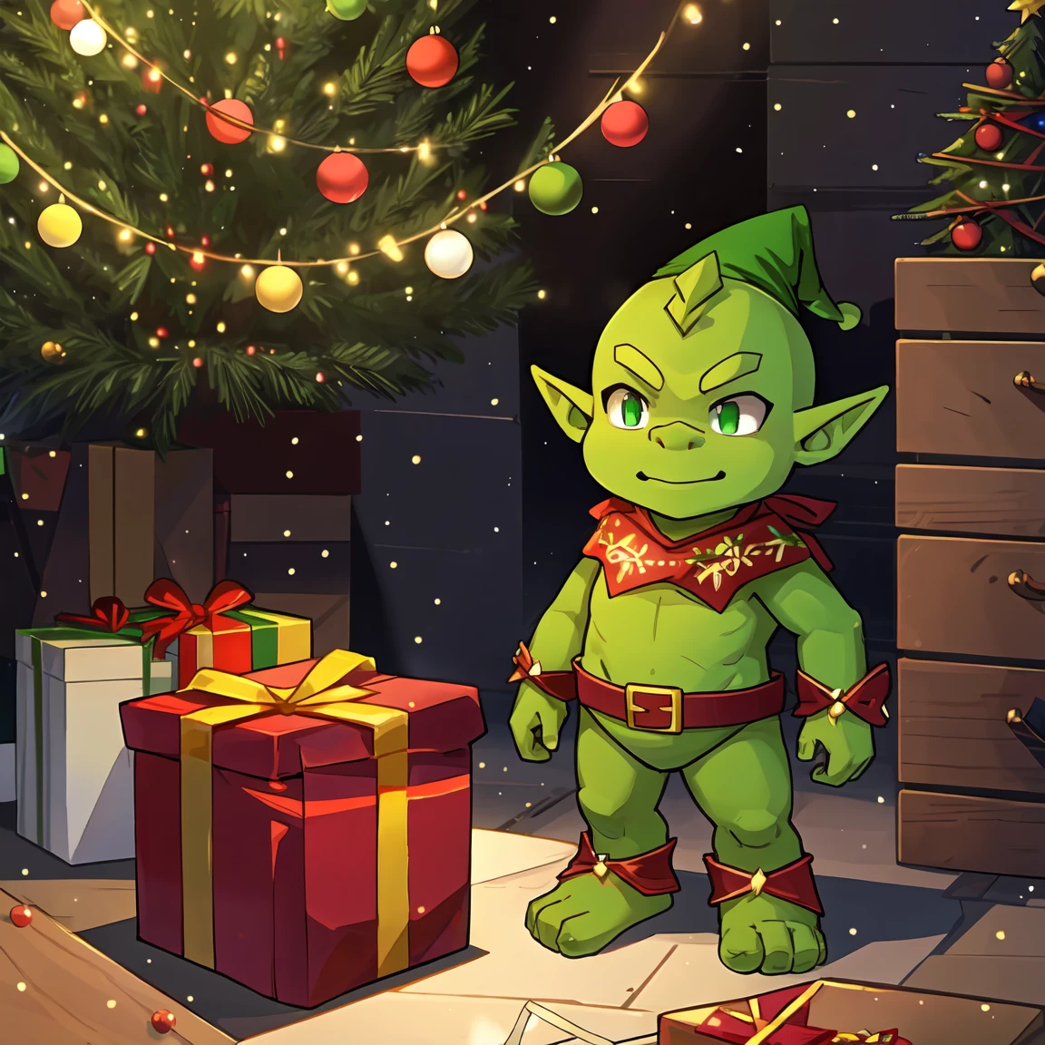   full body, green-skinned orc , christmas elf costume,  Gift Wrapping , Workshop Background ,  Bright Atmosphere ,  Christmas Light Decorations, Humorous elements