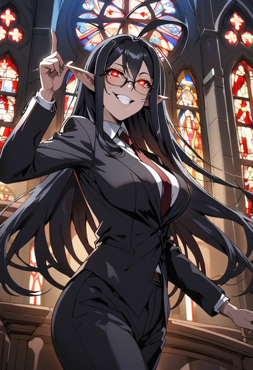 ( top quality、 detailed images、Beautiful images、 official images )、((Church at night、Inside the chapel))、( model body type, redglowing eyes, long hair, black hair, freckles, ahoge、 pointed ears、 Big Breasts )、(Grin、 open mouth )、( ergonomic body 、 Ergonomic Finger Shape )、(necktie, glasses, formal, suit, pants)、Hands Down