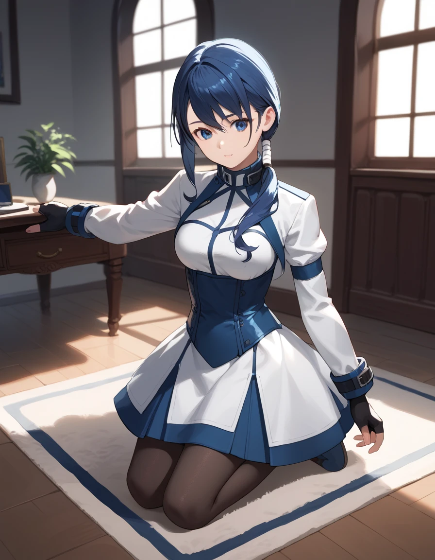 score_9, score_8_up, score_7_up, score_6_up, score_5_up, score_4_up, source_anime, aamerry, long hair, low ponytail, blue hair, blue eyes, white dress, long sleeves, fingerless gloves, black gloves, underbust, black pantyhose, on floor, indoors, :o, carpet,