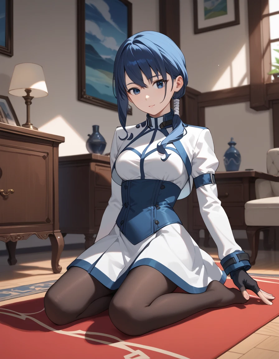 score_9, score_8_up, score_7_up, score_6_up, score_5_up, score_4_up, source_anime, aamerry, long hair, low ponytail, blue hair, blue eyes, white dress, long sleeves, fingerless gloves, black gloves, underbust, black pantyhose, on floor, indoors, :o, carpet,