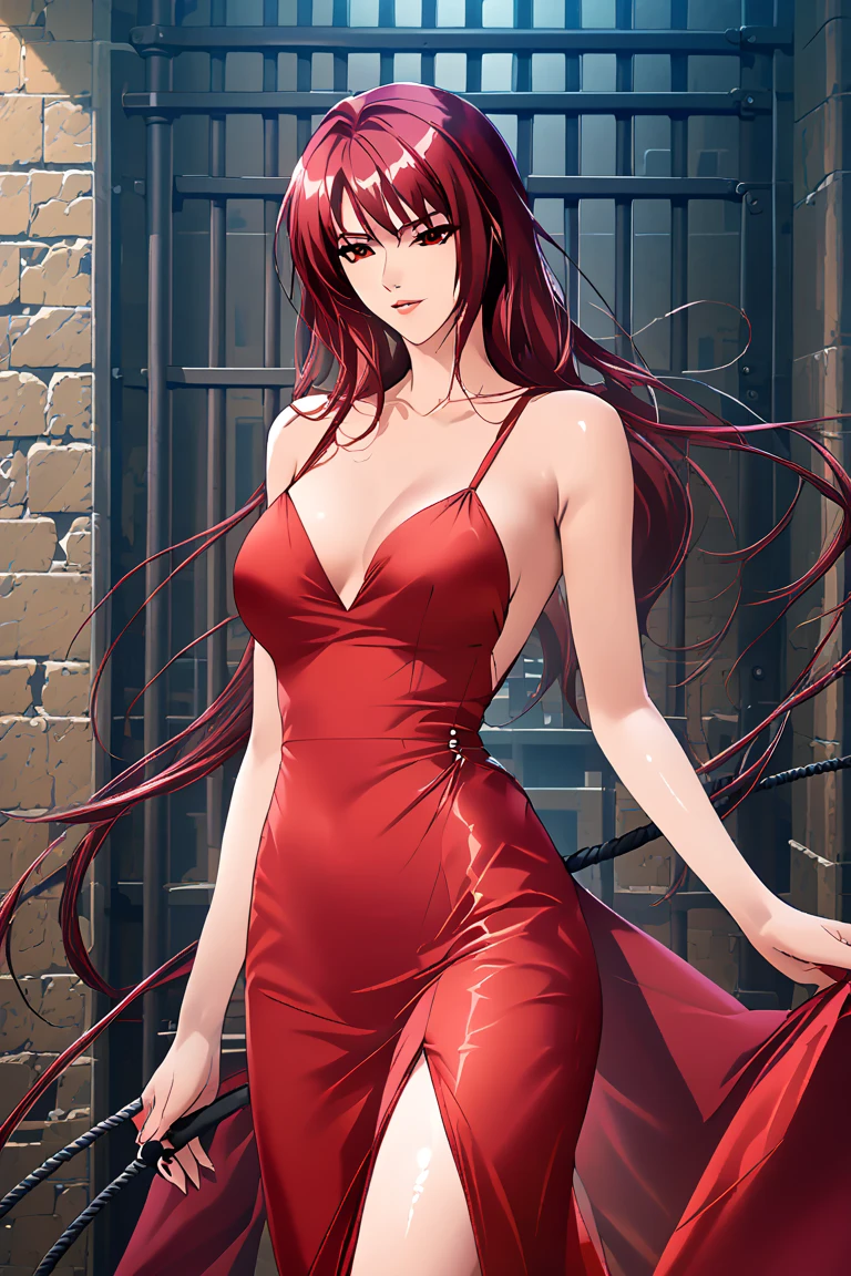  beautiful woman in red dress、Has a long whip　prison background 　 image must be rendered with highly detailed  ,  physical-based style with smooth colors and textures ,