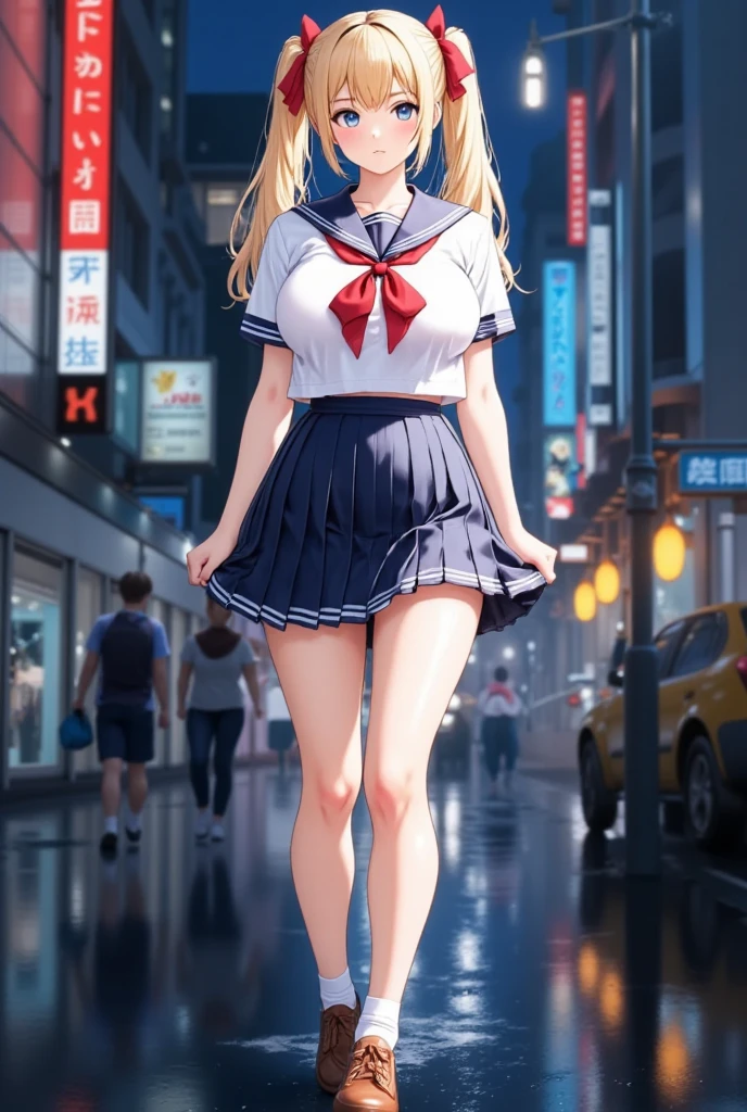 (masterpiece), best quality, expressive eyes, perfect face,girl, 1 girl, 18yo, Blonde, twintails, (big titts), dark blue eyes, (serious high school girl), school uniform,  sailor suit, middy uniform, (white shirt), red ribbon, (((((walking street))))), wet hair, standing, (brown school shoes), (full body), ((tsurime)), long shot, smile, ((( evening cityscape))), Vivid street lights and neon signs, ((( shot from the side)))