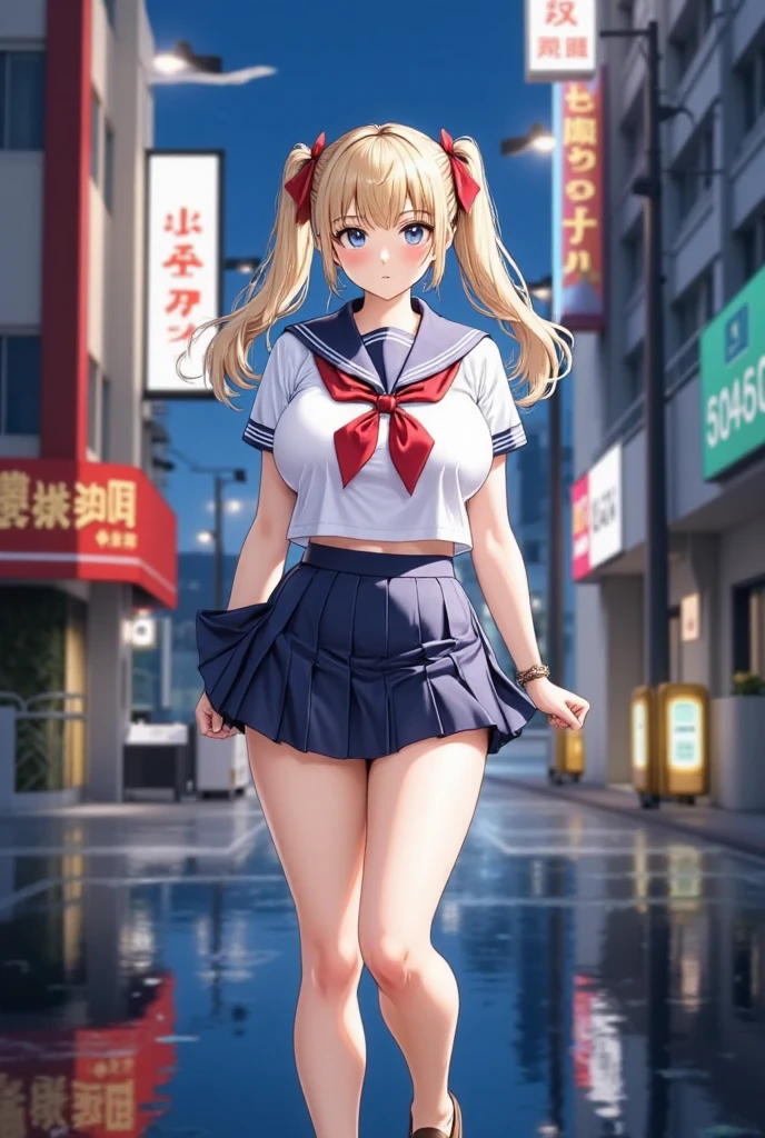 (masterpiece), best quality, expressive eyes, perfect face,girl, 1 girl, 18yo, Blonde, twintails, (big titts), dark blue eyes, (serious high school girl), school uniform,  sailor suit, middy uniform, (white shirt), red ribbon, (((((walking street))))), wet hair, standing, (brown school shoes), (full body), ((tsurime)), long shot, smile, ((( evening cityscape))), Vivid street lights and neon signs, ((( shot from the side)))