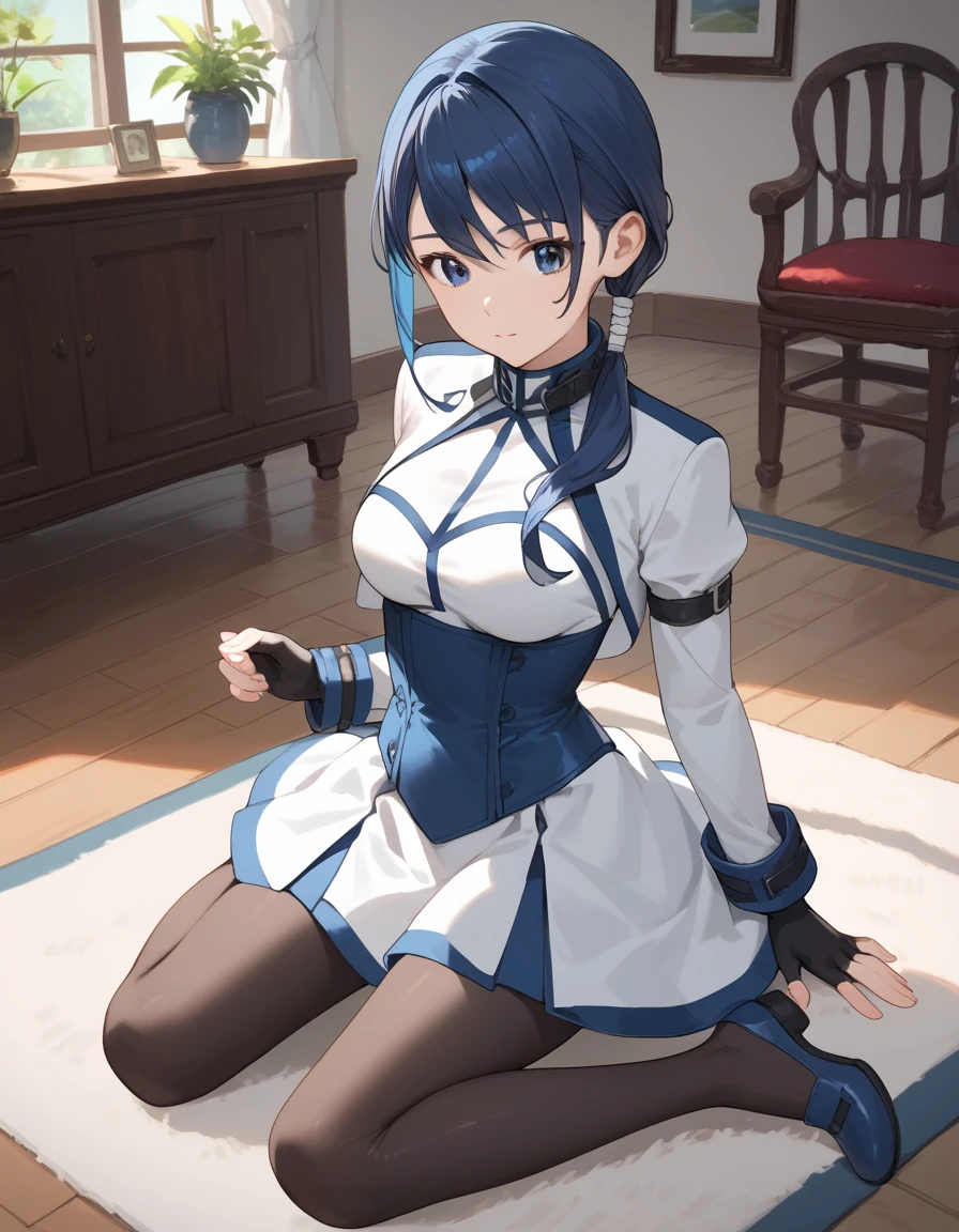 score_9, score_8_up, score_7_up, score_6_up, score_5_up, score_4_up, source_anime, aamerry, long hair, low ponytail, blue hair, blue eyes, white dress, long sleeves, fingerless gloves, black gloves, underbust, black pantyhose, on floor, indoors, :o, carpet,