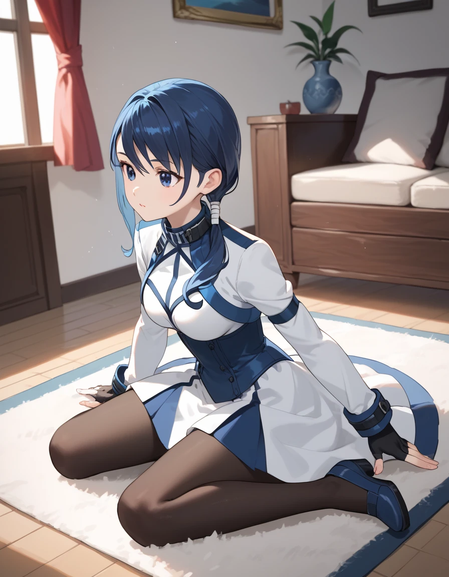 score_9, score_8_up, score_7_up, score_6_up, score_5_up, score_4_up, source_anime, aamerry, long hair, low ponytail, blue hair, blue eyes, white dress, long sleeves, fingerless gloves, black gloves, underbust, black pantyhose, on floor, indoors, :o, carpet,