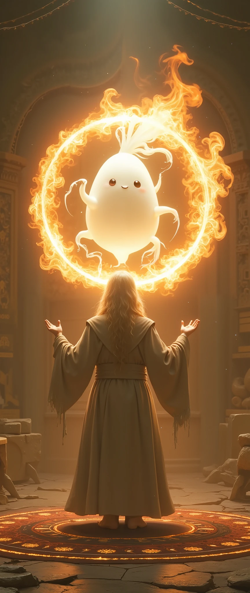 Super close up of a huge flaming crystal ball ,(The white daikon is projected inside the crystal ball:2.0),(The Old Wizard's Room ), fantasy world ,( A wizard woman is putting her hands on a crystal ball:2.0)