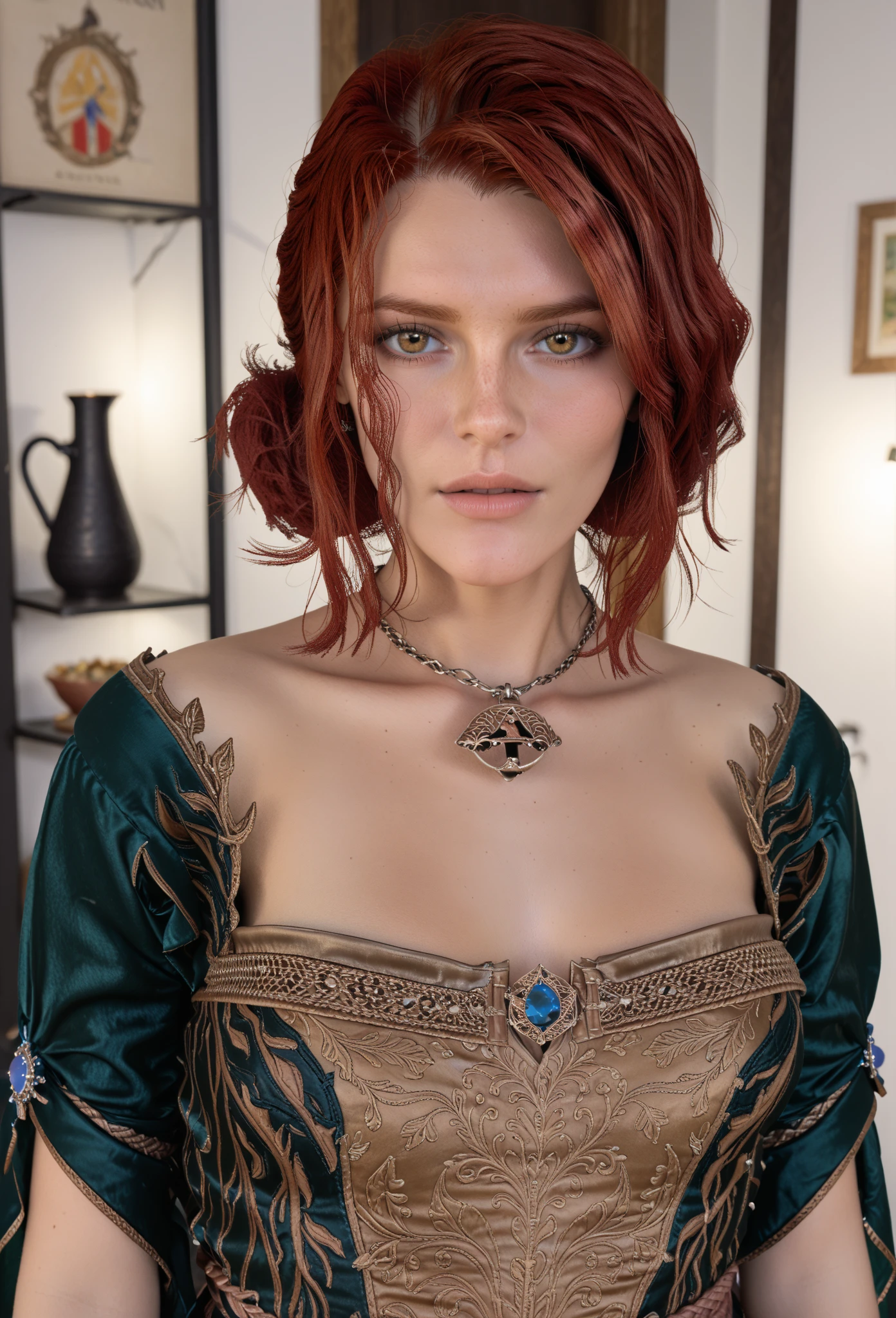 score_9, score_8_up, score_7_up Triss Merigold brewing a powerful elixir in a hidden Novigrad cellar, magical runes glowing softly around her.