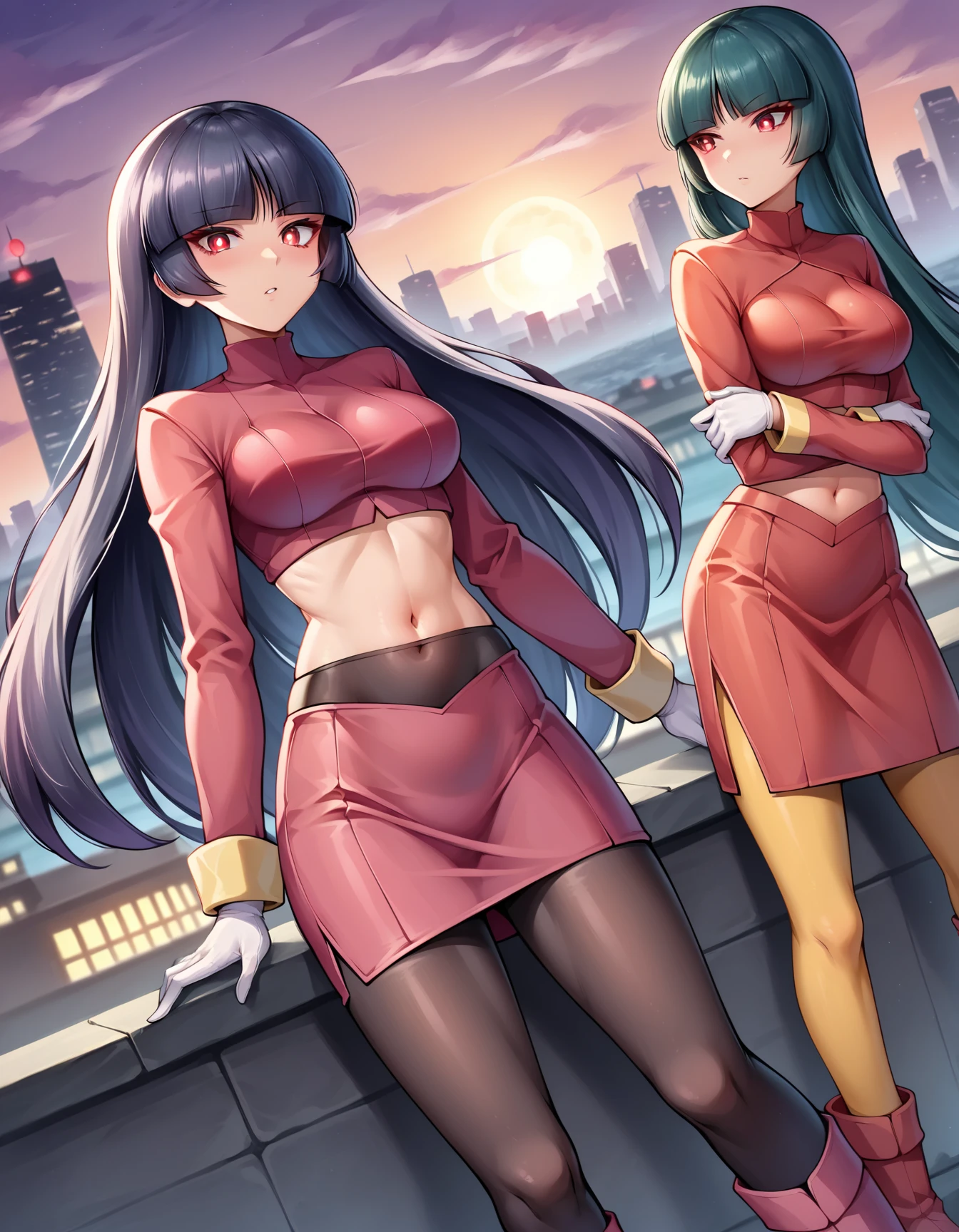 ( top quality, 4K, masterpiece :1.3),  beautiful women, (Chest, Attractive body :1.2), _up, score_7_up,  source_Anime,
 Pokemon Sabrina ,  Pokemon Sabrina ,  black hair,  long hair, bangs, blunt bangs,  red eyes, hime cut,  side lock, white pupils,
 jacket,  crop top,  bodysuit ,  covered navel , midriff, red  jacket,  turtleneck ,  side slits,  gloves, white  gloves,  Long Sleeve ,  pantyhose,  skirt, red  skirt,  boots, red  boots, socks, yellow socks, knee socks,
 outdoor, cityscape,
 watching viewers,  Cowboy Shot ,  Dutch Angle ,