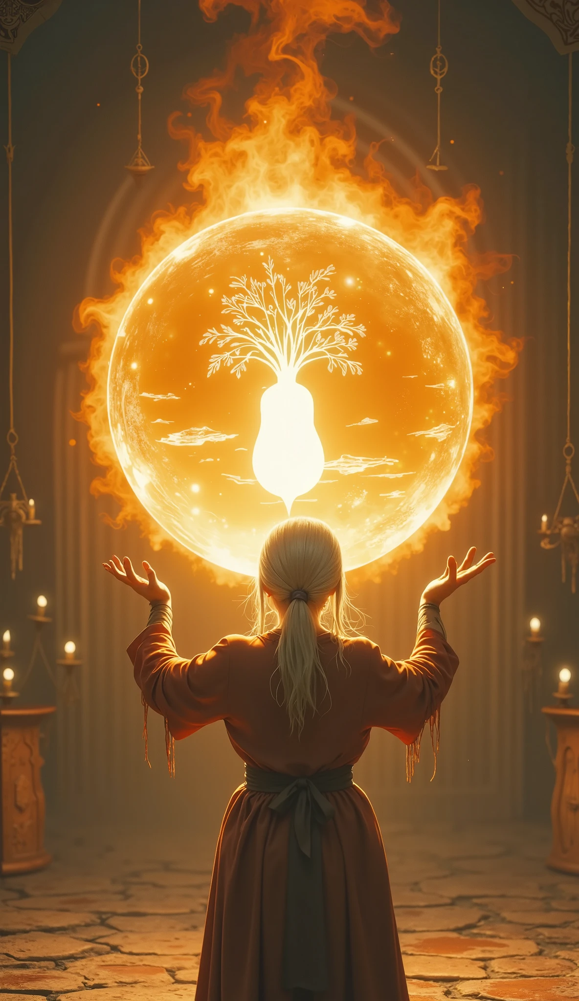 Super close up of a huge flaming crystal ball ,(The white daikon is projected inside the crystal ball:2.0),(The Old Wizard's Room ), fantasy world ,( A wizard woman is putting her hands on a crystal ball:2.0)