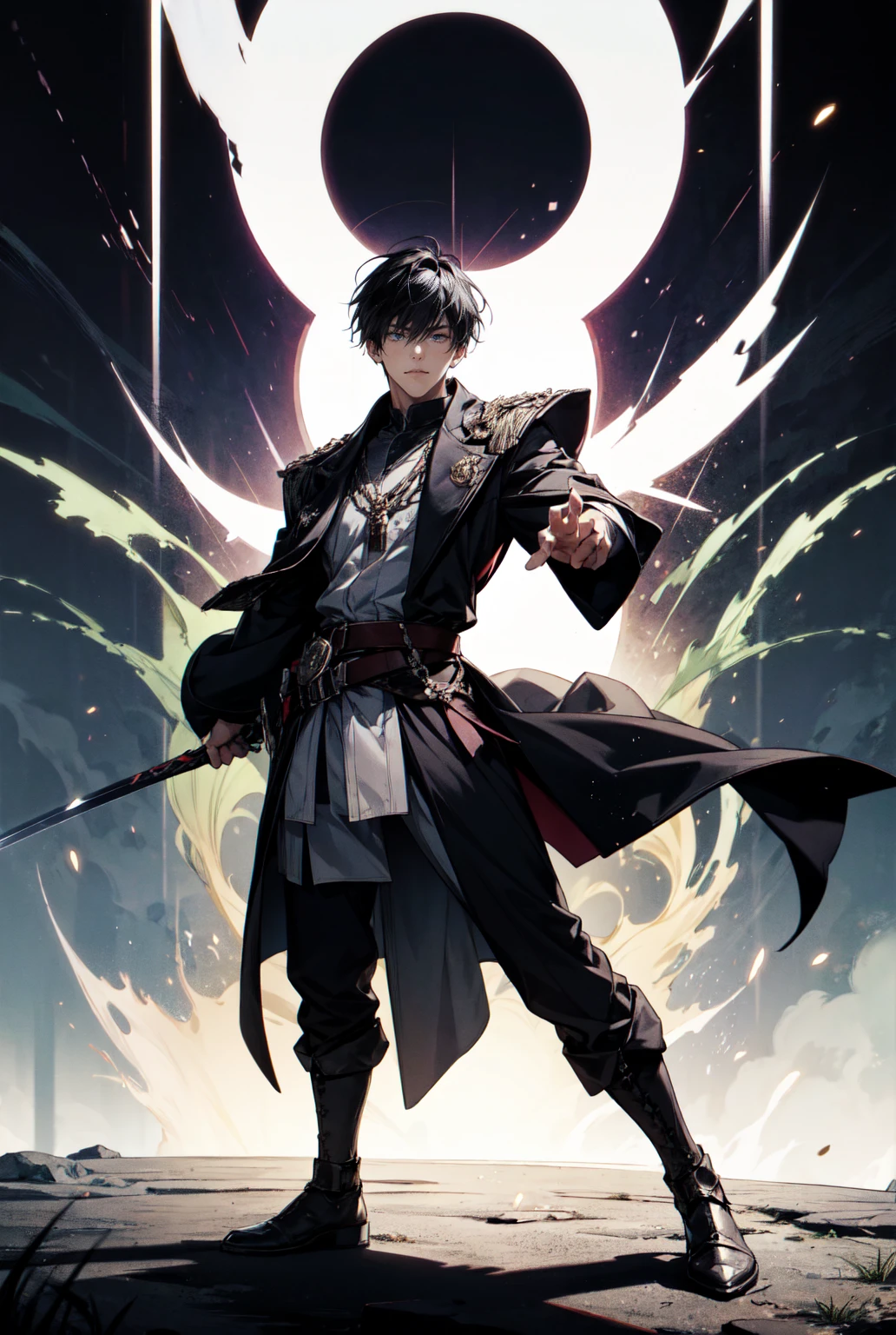 male child,Red eyes,with short black hair,Black coat,White underwear,Open hands,The Masterpiece,16k,extremely detaild,extreme hight detail,A huge sword behind him,delicated,vastness,magic,Intense light,Bursting,darkness,MACABRO