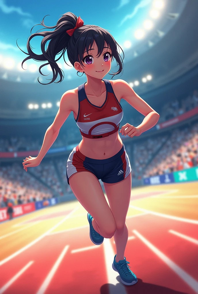 (Best Quality,8K,hight resolution,masuter piece:1.2),Ultra-detailed,Realistic:1.37,Portrait,girl track and field athlete,Teenage girl,small head,Cute,Sporty,Charming face,Detailed beauty face,Very realistic skin,Wet skin,Sweat,Large breasts,Narrow waist,nice legs ,jump,Sporty,track and field,Cinematic lighting,