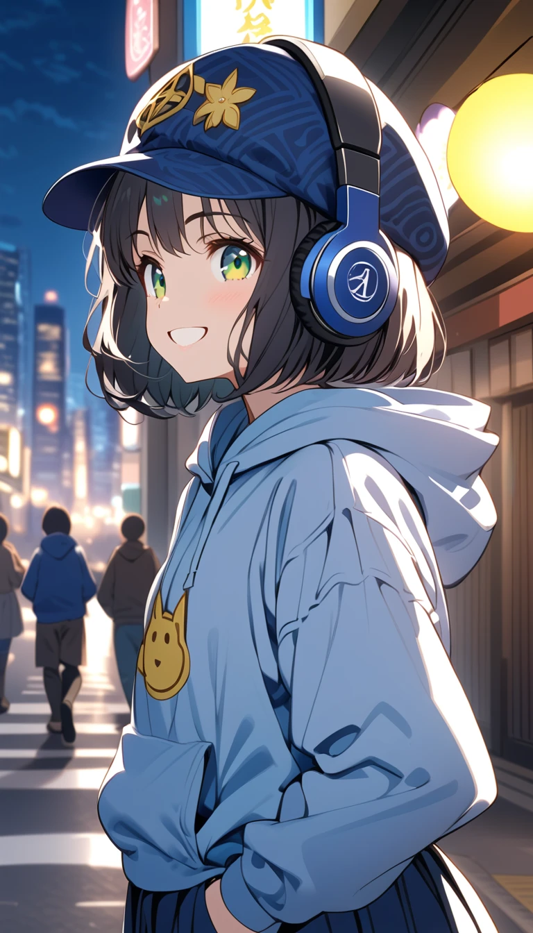 {{{masterpiece}}}, {{{ top quality}}}, {{ Ultra Detailed }}, { beautiful,  detail eyes},  1 girl , Alone, (( black hair)),  bob cut, (( green eyes)), (Hairy hair ), (pattsun maegami), Black headphones, , (かわいい黒の柄物 hoodie), cute black patterned hat,( cute black long skirt ), smile showing teeth ,pattsun maegami,Midea, hoodie, jade colored eyes,Night City,
