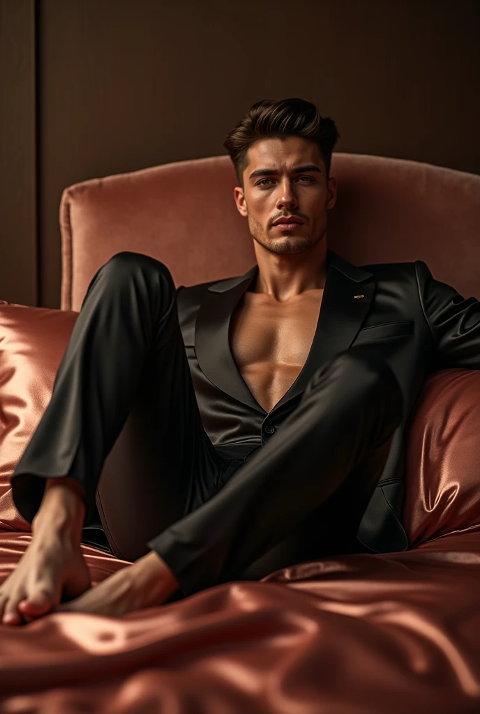 a young man,bonitas,very muscular,hairy body,white sock,Ultra-thin pantyhose(detailedeyes:1.3),Sem topless,Nudity everywhere,dark shaped eyes,huge bulge,Bulge protruding black hair, Full body esbian,Character sitting on a chair with arms raised, blackquality hair (short and elegant hair,), boa pose, homem bonitas, Face pretty, royal elegant pose, business man, (in a striped blazer), (The surrounding environment is a luxurious and classic living room) (sand tone images) ultra realistic, Royalty prince looking, Old Money Aesthetics, Italian appearance, stylish suit, Rolex, classic car in the background, Appearance of royalty, wearing white suit,, Joe Manganiello has a similar face, Italian luxury mansion in the background, italian man,