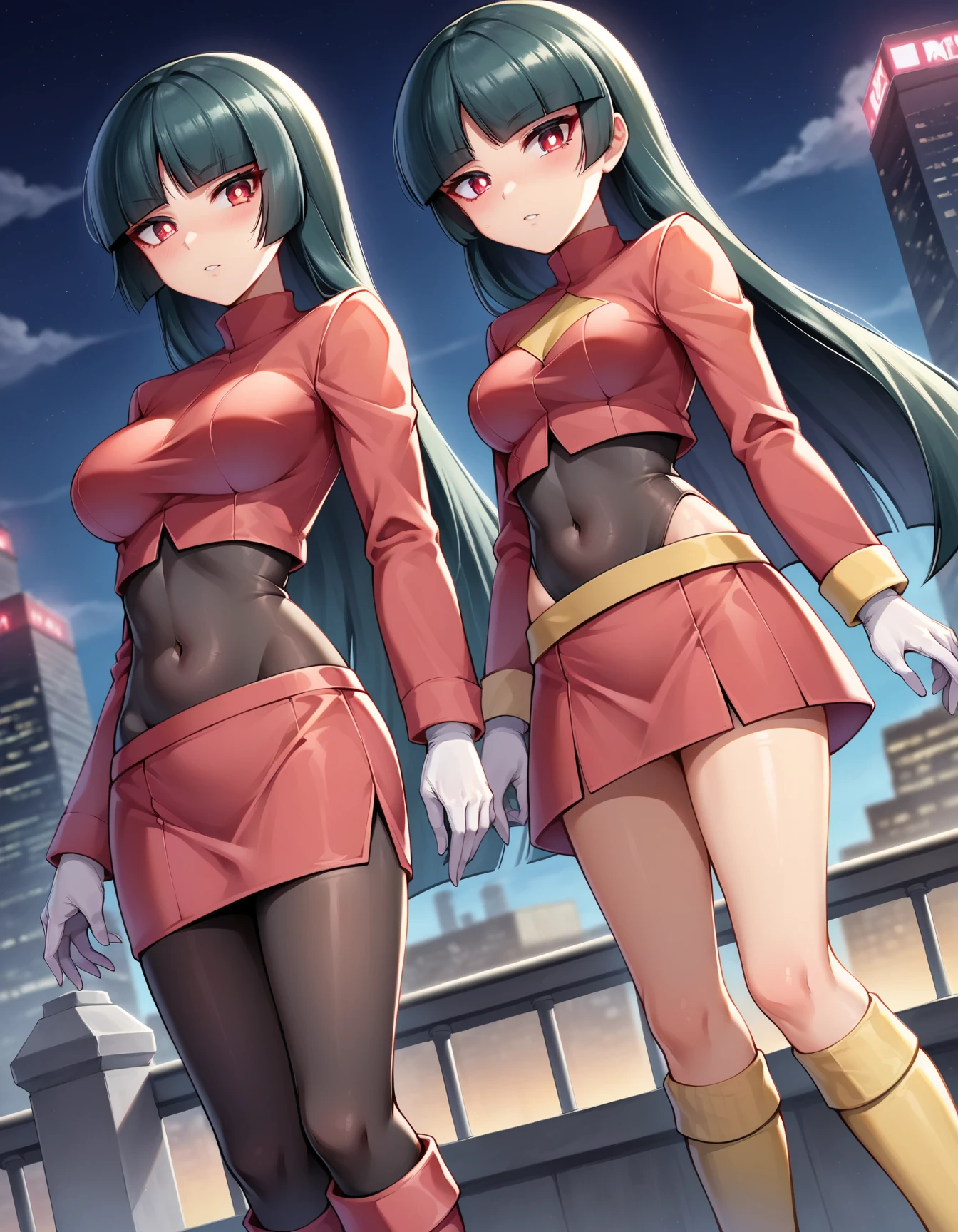 ( top quality, 4K, masterpiece :1.3),  beautiful women, (Chest, Attractive body :1.2), _up, score_7_up,  source_Anime,
 Pokemon Sabrina ,  Pokemon Sabrina ,  black hair,  long hair, bangs, blunt bangs,  red eyes, hime cut,  side lock, white pupils,
 jacket,  crop top,  bodysuit ,  covered navel , midriff, red  jacket,  turtleneck ,  side slits,  gloves, white  gloves,  Long Sleeve ,  pantyhose,  skirt, red  skirt,  boots, red  boots, socks, yellow socks, knee socks,
 outdoor, cityscape,
 watching viewers,  Cowboy Shot ,  Dutch Angle ,