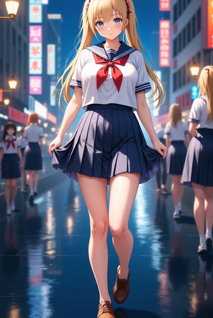 (masterpiece), best quality, expressive eyes, perfect face,girl, 1 girl, 18yo, Blonde, twintails, (big titts), dark blue eyes, (serious high school girl), school uniform,  sailor suit, middy uniform, (white shirt), red ribbon, (((((walking street))))), wet hair, standing, (brown school shoes), (full body), ((tsurime)), long shot, smile, ((( evening cityscape))), Vivid street lights and neon signs, ((( shot from the side)))