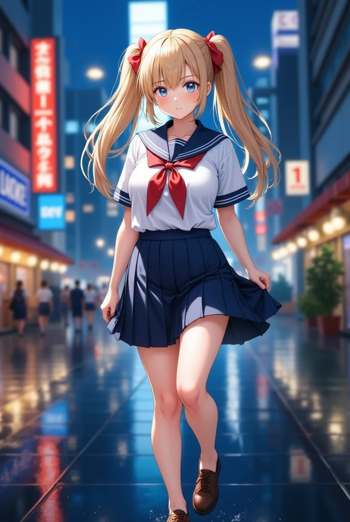 (masterpiece), best quality, expressive eyes, perfect face,girl, 1 girl, 18yo, Blonde, twintails, (big titts), dark blue eyes, (serious high school girl), school uniform,  sailor suit, middy uniform, (white shirt), red ribbon, (((((walking street))))), wet hair, standing, (brown school shoes), (full body), ((tsurime)), long shot, smile, ((( evening cityscape))), Vivid street lights and neon signs, ((( shot from the side)))