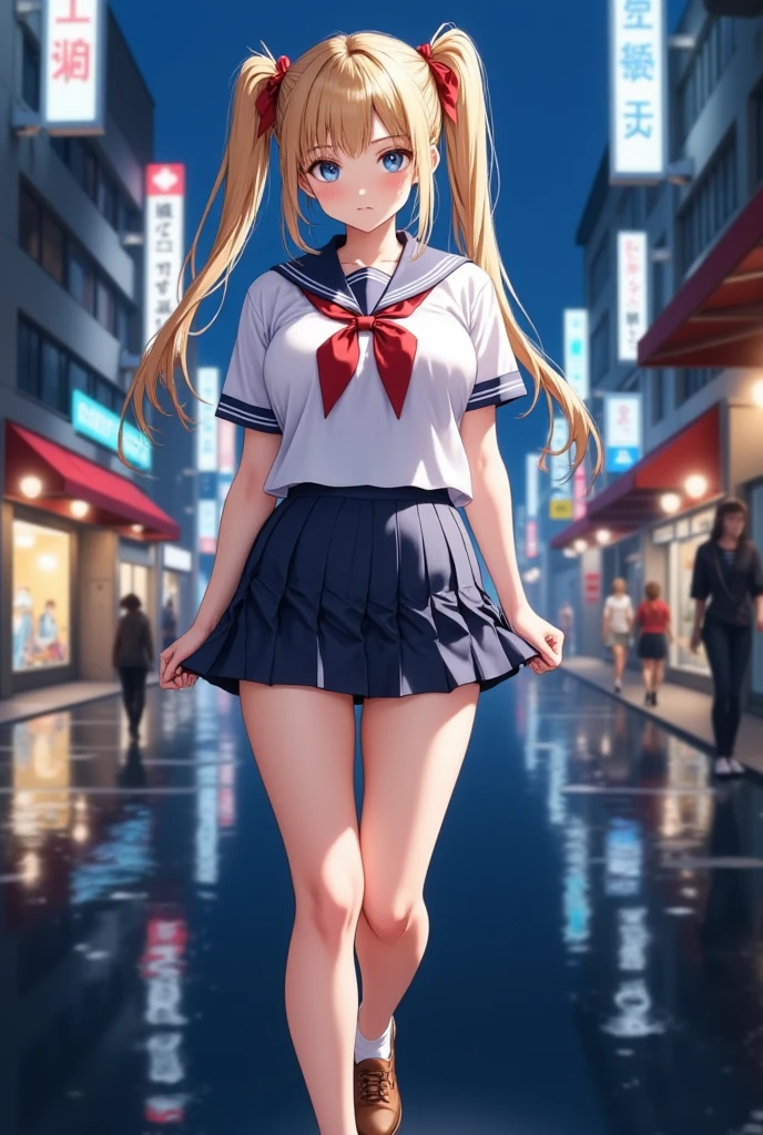 (masterpiece), best quality, expressive eyes, perfect face,girl, 1 girl, 18yo, Blonde, twintails, (big titts), dark blue eyes, (serious high school girl), school uniform,  sailor suit, middy uniform, (white shirt), red ribbon, (((((walking street))))), wet hair, standing, (brown school shoes), (full body), ((tsurime)), long shot, smile, ((( evening cityscape))), Vivid street lights and neon signs, ((( shot from the side)))