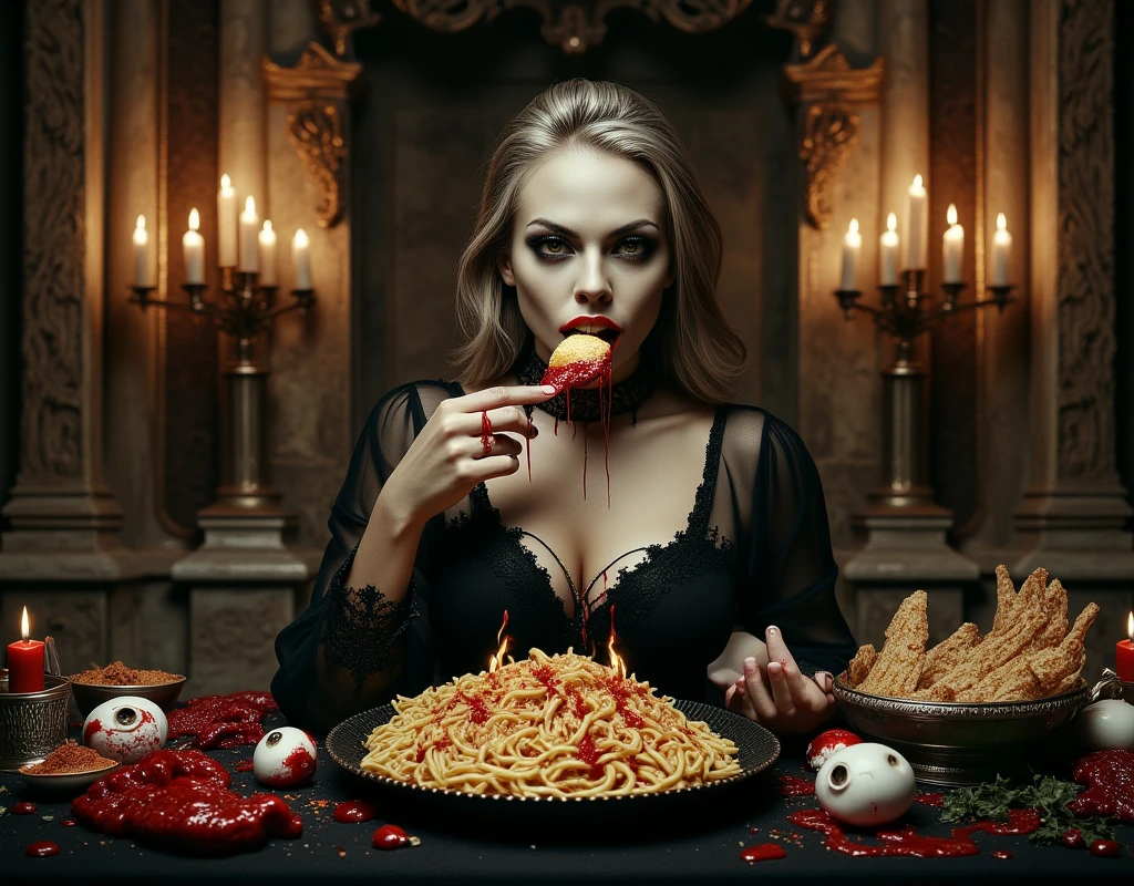 Gothic vampire girl licking melted butter, looking at viewer, at the table in a black velvet linen, stone floors, tapestries, candles, intricate, European horror movie aesthetic, fumetto style, HD, 8x, lurid vivid colors, dark tones, juice flowing over her fingers, down her chin, very pale white skin, dark eyes, mascara, human eye balls and fingers in the pasta, pasta sauce is blood red, table is littered with human body parts, tongues, ears, organs, her teeth are showing