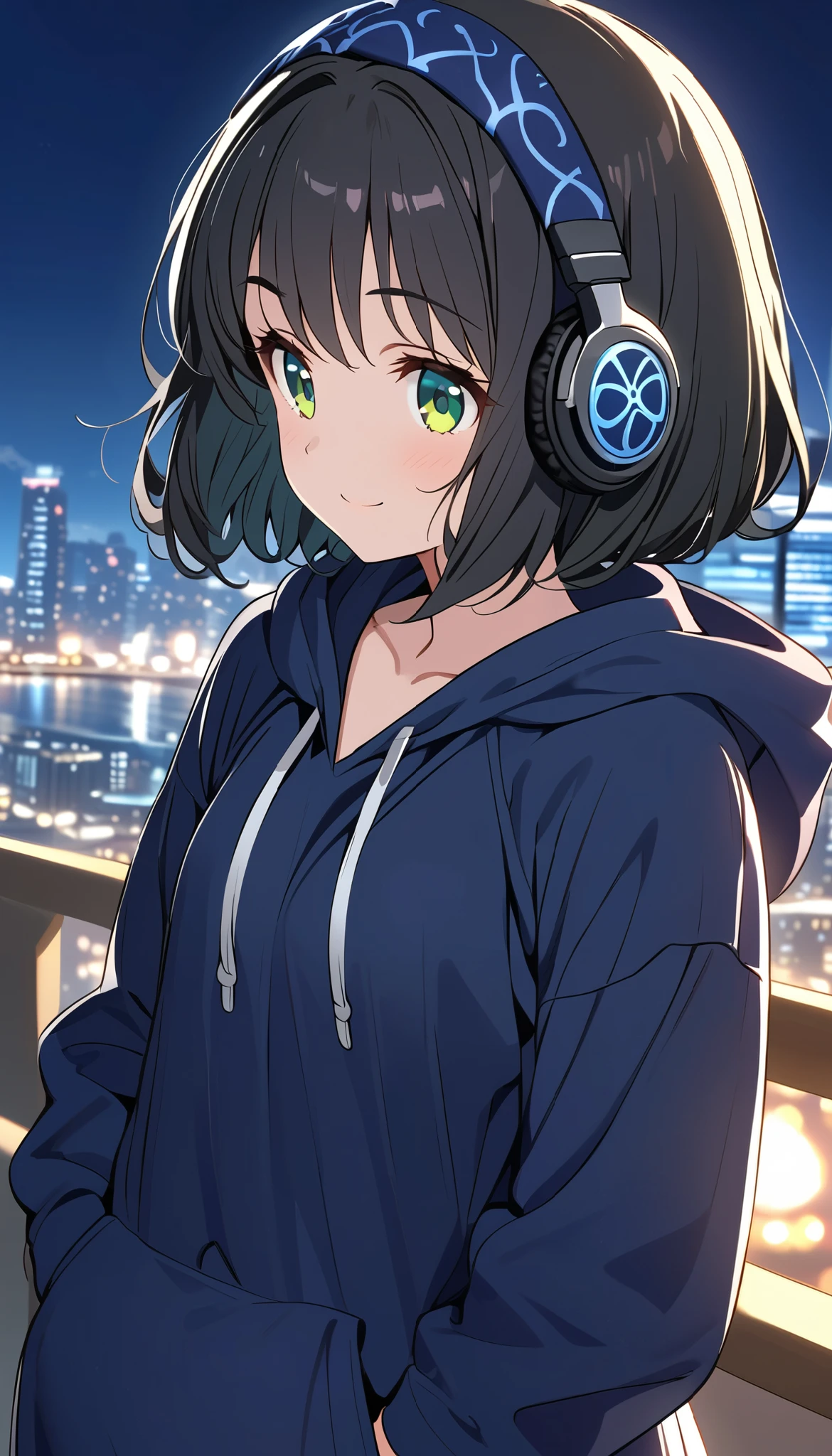 {{{masterpiece}}}, {{{ top quality}}}, {{ Ultra Detailed }}, { beautiful,  detail eyes},  1 girl , Alone, (( black hair)),  bob cut, (( green eyes)), (Hairy hair ), (pattsun maegami), Black headphones, , (かわいい黒の柄物 hoodie), cute black patterned hat,( cute black long skirt ) is a smiling face ,pattsun maegami,Midea, hoodie, jade colored eyes,Night City,