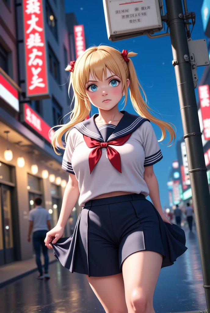 (masterpiece), best quality, expressive eyes, perfect face,girl, 1 girl, 18yo, Blonde, twintails, (big titts), dark blue eyes, (serious high school girl), school uniform,  sailor suit, middy uniform, (white shirt), red ribbon, (((((walking street))))), wet hair, standing, (brown school shoes), (full body), ((tsurime)), long shot, smile, ((( evening cityscape))), Vivid street lights and neon signs, ((( shot from the side)))