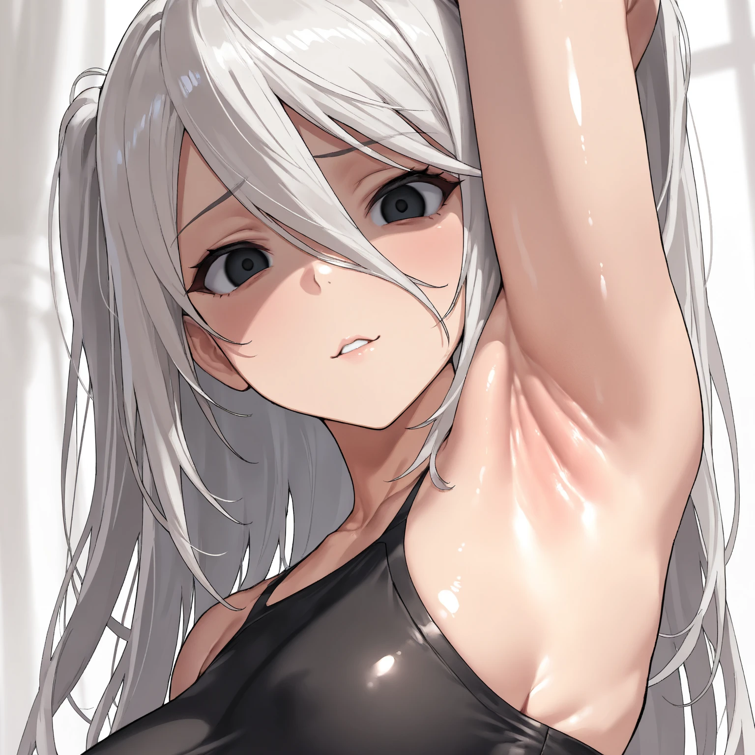 (Best Masterpiece, HDR, 2k, High Quality) 1girl, A2, Nier:Automata, Long Hair, White Hair, Black Eyes, ((Arm Up, Armpits, Showing Armpits, Detailed Armpits, Shiny Armpits, More Detailed Armpits, Armpits Crease, Perfect Armpits, Zoom In Armpits, Side Armpits)) ((Yandere Expression, Digust Expression)) No NFSW.