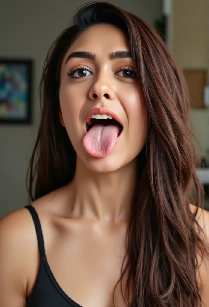Tabletop,,Award-winning photo, Very detailed, Sharp focus on the eyes, Nose and mouth,Face Focus, Woman with open mouth and closed eyes, Black camisole、Age 35,Black-haired、Symmetrical face,Realistic nostrils、Angle from below、Elongated C-shaped nostrils,,,,,,,,,,,,,,,,,,,Browsing Caution,Live House Stage、on stage、Sweaty skin、Lighting that highlights sweaty skin、((Nose hook))Skin shiny with sweat、Glowing Skin、Sweaty hair、tongue, tongue out, Ahegao, Verbal invitation, long tongue