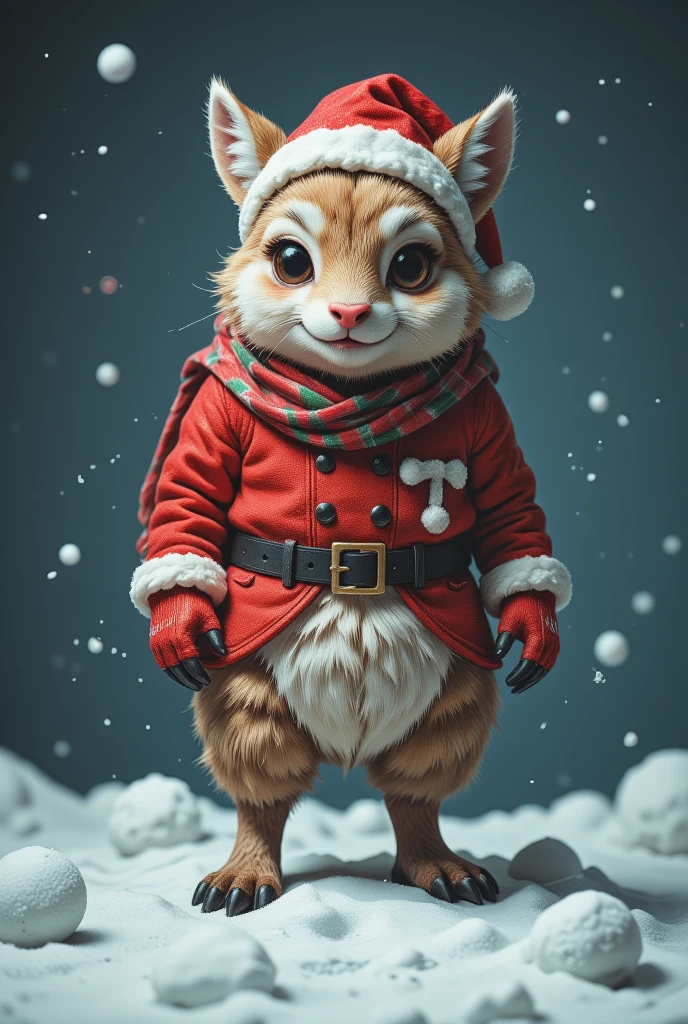 A cute and unusual animal born from Christmas, full of energy and making a fuss, fluffy, round shaped, and dressed in Christmas colors, ultra detailed, absolutely resolution, masterpiece