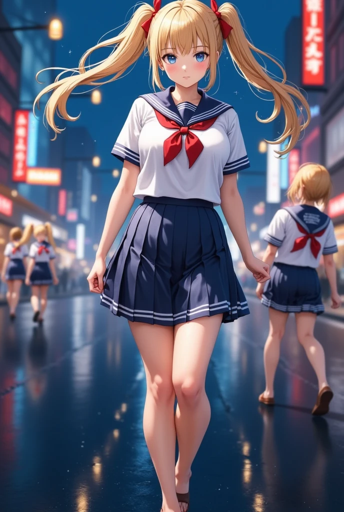 (masterpiece), best quality, expressive eyes, perfect face,girl, 1 girl, 18yo, Blonde, twintails, (big titts), dark blue eyes, (serious high school girl), school uniform,  sailor suit, middy uniform, (white shirt), red ribbon, (((((walking street))))), wet hair, standing, (brown school shoes), (full body), ((tsurime)), long shot, smile, ((( evening cityscape))), Vivid street lights and neon signs, ((( shot from the side)))