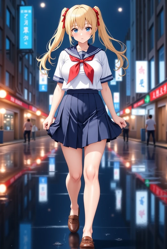 (masterpiece), best quality, expressive eyes, perfect face,girl, 1 girl, 18yo, Blonde, twintails, (big titts), dark blue eyes, (serious high school girl), school uniform,  sailor suit, middy uniform, (white shirt), red ribbon, (((((walking street))))), wet hair, standing, (brown school shoes), (full body), ((tsurime)), long shot, smile, ((( evening cityscape))), Vivid street lights and neon signs, ((( shot from the side)))