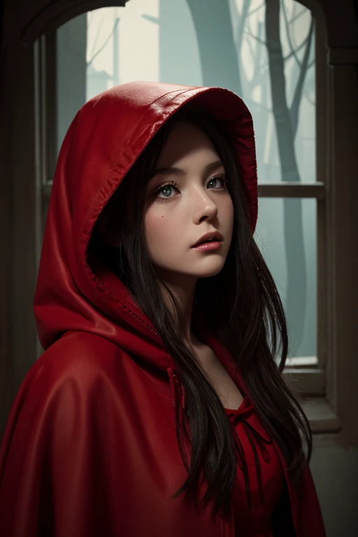 "(((masterpiece))), person as Littele Red Riding Hood, forest, eerie atmosphere, dark shadows, dramatic lighting"