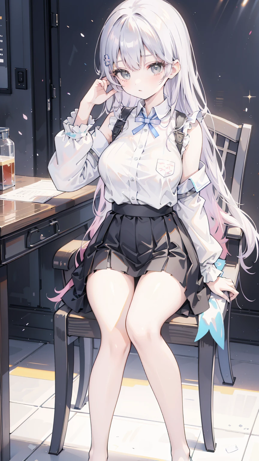 (((Best quality))), ((ultra - detailed)), (In the office), (highly detailed CGillustration), ((Very fine and beautiful)),Mature and beautiful,flustered, full blush, view the viewer,Ultra-detailed CG,Exquisite facial features,Clear facial expressions,Detailed digital anime art,Digital anime art,High quality anime art style, (Masterpiece), Best quality, Perfect face, ((1girll)), Mature woman, Leaning forward, ((Very long gray hair:1.5)), High ponytail, extremely giant breasts, Hanging breasts, cleavage, Narrow waist, ((ribbon:1.2)), Wearing glasses, ((Superskirt:1.5)), choker necklace, Very small shirt, Transparent shirt, ((Pink purple dress:1.3)), ((The skirt was blown away)), ((Mini tight skirt: 1.5)), ((full body:1.5)), High heels, Garters, ((Lace stockings:1.2)), ((Long and slender legs)), Beautiful legs,Erotic,Seductive pose, ((show underwear, Show panties:1.2)),accidental exposure, Expose breasts,((sittinng on the desk:1.2)), (Open legs:1.2), ((Front Shooting)), Slender figure,(nurses uniform:1.5), waist-up
