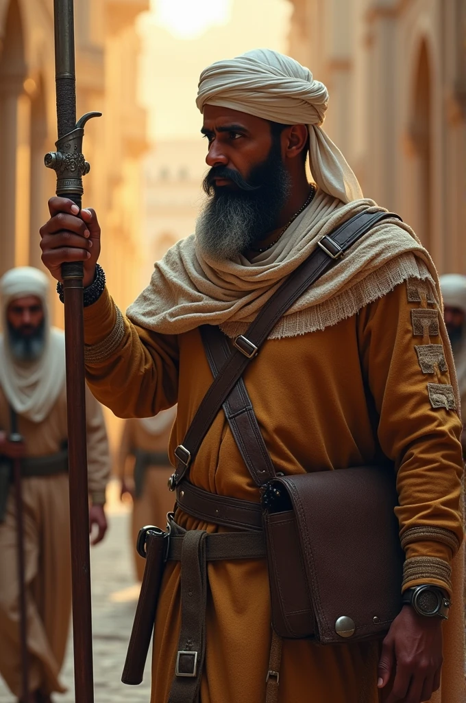 Old Pakistani warrior with a spear and with one noticable battle scar and some small battle scars