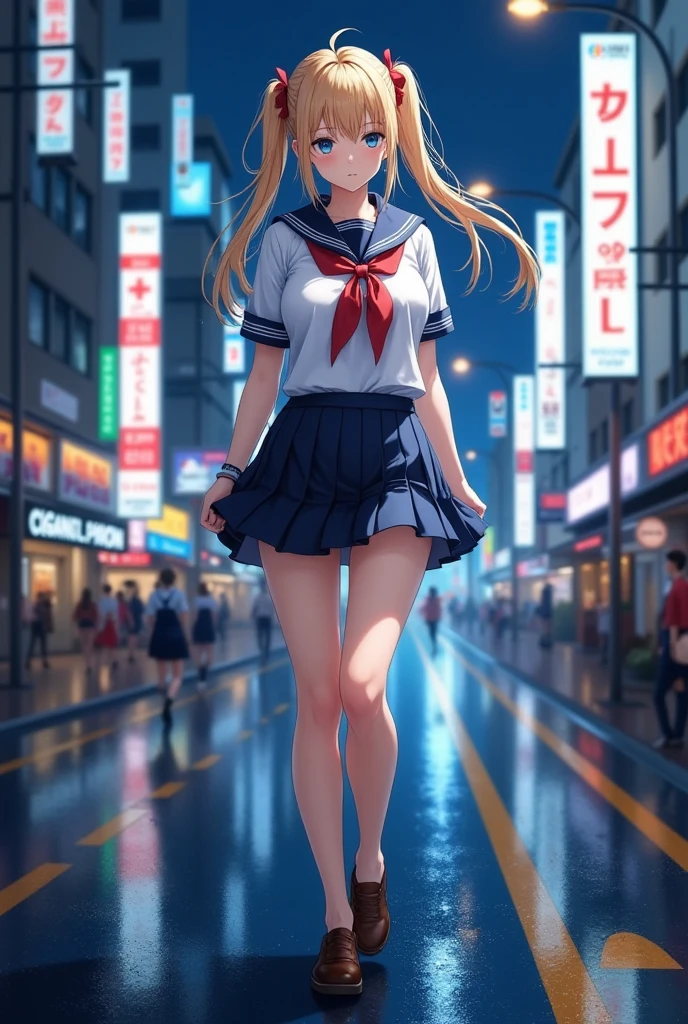 (masterpiece), best quality, expressive eyes, perfect face,girl, 1 girl, 18yo, Blonde, twintails, (big titts), dark blue eyes, (serious high school girl), school uniform,  sailor suit, middy uniform, (white shirt), red ribbon, (((((walking street))))), wet hair, standing, (brown school shoes), (full body), ((tsurime)), long shot, smile, ((( evening cityscape))), Vivid street lights and neon signs, ((( shot from the side)))