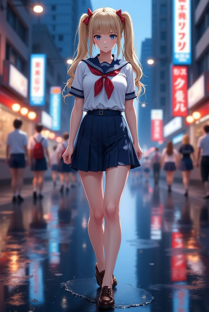 (masterpiece), best quality, expressive eyes, perfect face,girl, 1 girl, 18yo, Blonde, twintails, (big titts), dark blue eyes, (serious high school girl), school uniform,  sailor suit, middy uniform, (white shirt), red ribbon, (((((walking street))))), wet hair, standing, (brown school shoes), (full body), ((tsurime)), long shot, smile, ((( evening cityscape))), Vivid street lights and neon signs, ((( shot from the side)))