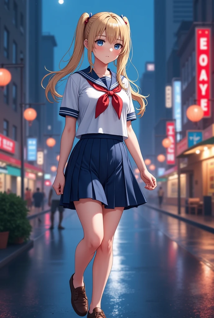 (masterpiece), best quality, expressive eyes, perfect face,girl, 1 girl, 18yo, Blonde, twintails, (big titts), dark blue eyes, (serious high school girl), school uniform,  sailor suit, middy uniform, (white shirt), red ribbon, (((((walking street))))), wet hair, standing, (brown school shoes), (full body), ((tsurime)), long shot, smile, ((( evening cityscape))), Vivid street lights and neon signs, ((( shot from the side)))