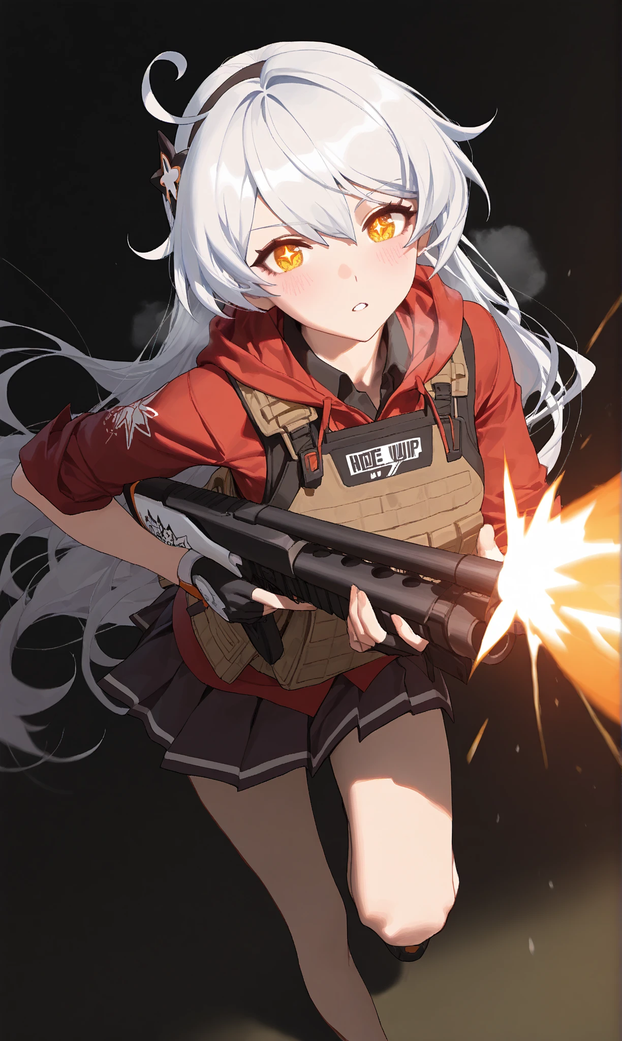 1girl, kiana kaslana \(honkai impact 3\), HoV, Silver hair, ahoge, long hair, yellow eyes, symbol-shape pupils, blush, heavy breath, airseal, (ciloranko:0.75), from above, dutch angle, feet out of frame, beretta 1301, shotgun, foreshortening, leaning forward, muzzle flash, steam, bulletproof vest, fingerless gloves, firing, holding gun, holding weapon, looking looking at viewer, parted lips, froating, (shade:1.2), (orange theme:0.7), pleated skirt, standing on one leg, sidelocks, sleeves rolled up, solo, dust cloud, light particles, depth of field, black background, (leviathan \(hikinito0902\), modare:0.75), masterpiece, best quality, good quality, newest, year 2024, year 2023