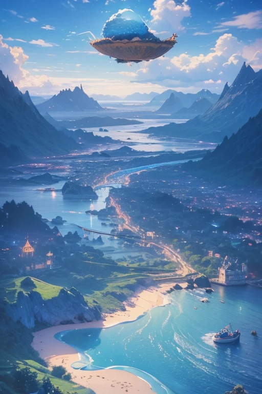 (magical pretty  blue stream overlay scene), ((( floating island))), (cloud),   soft writing similar to Gremory, Clean Background, beautiful  scenery, masterpiece,   High Quality ,   beautiful graphics,   high detail,by Thomas Kinkade,   Art Station  ,  Sharp Focus , Inspiring 8K Wallpapers,  