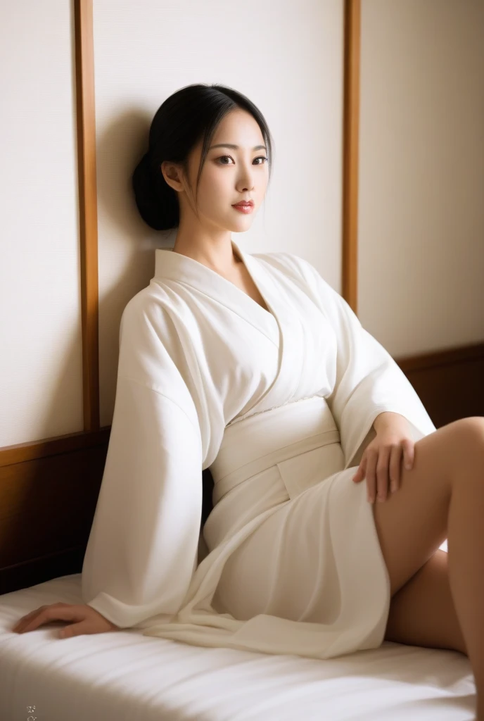 A hyperrealistic and artistic depiction of a stunning Asian woman with long, flowing black hair sitting elegantly on a bed, wearing a delicately detailed white silk kimono. The kimono drapes gracefully around her body, partially revealing her curvy figure with alluring, well-defined curves and a full, soft chest. The pale and colored fabric of the kimono features intricate floral patterns, evoking a sense of traditional beauty and refinement. Her serene expression and deep, captivating gaze exude a calm yet sensual allure, while soft natural lighting bathes the scene, highlighting her smooth, radiant skin and the silk’s subtle sheen. The composition is inspired by the art of Yoshitomo Nara, blending realism and elegance. The setting conveys a quiet, intimate atmosphere, with delicate textures of the bed and background adding depth and softness to the image. This artwork beautifully combines traditional Japanese aesthetics with the natural charm and graceful sensuality of the woman, creating a timeless and captivating scene
