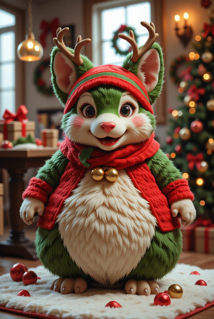 A cute and unusual animal born from Christmas, full of energy and making a fuss, fluffy, round shaped, and dressed in Christmas colors, ultra detailed, absolutely resolution, masterpiece