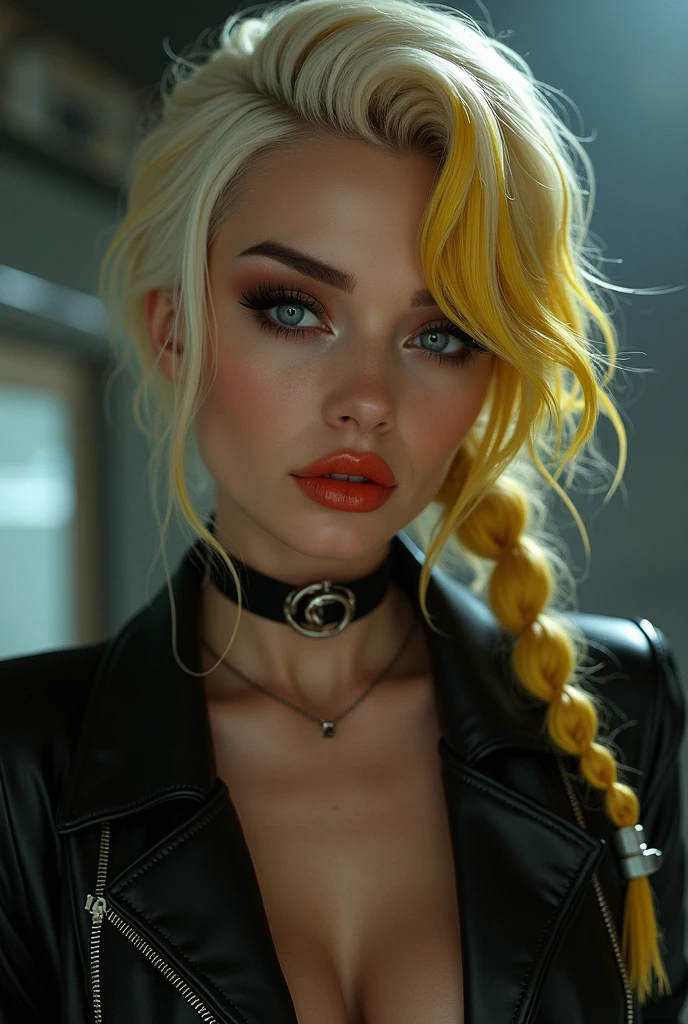 1girl, goth, excited, pale skin, smoky eyes, vivid colors, punk clothing, punk hairstyle, yellow hair, black lips, abandoned street, body view, scar, bandage, large breasts
