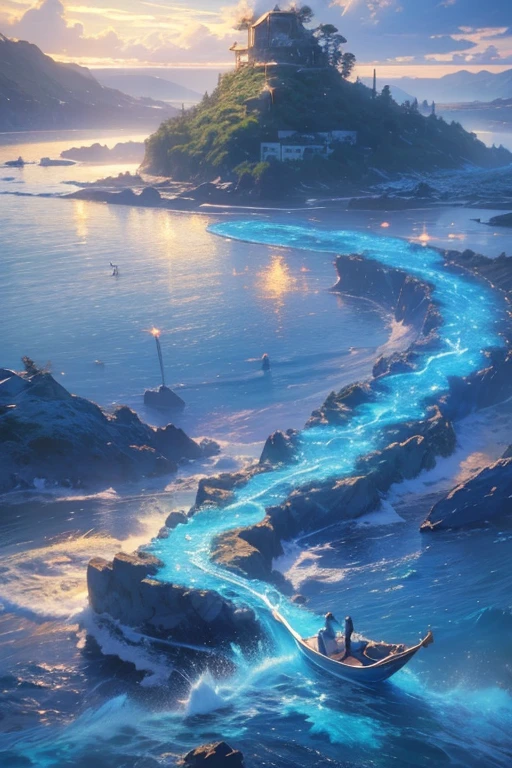 (magical pretty  blue stream overlay scene), (( floating island)), (cloud),   soft writing similar to Gremory, Clean Background, beautiful  scenery, masterpiece,   High Quality ,   beautiful graphics,   high detail,by Thomas Kinkade,   Art Station  ,  Sharp Focus , Inspiring 8K Wallpapers,  