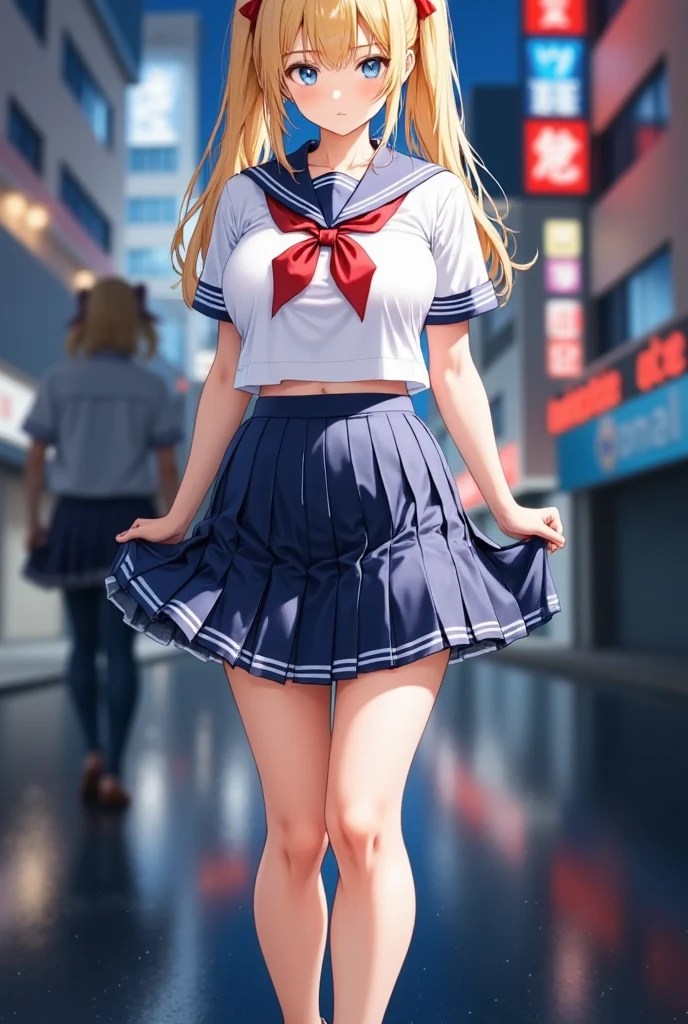 (masterpiece), best quality, expressive eyes, perfect face,girl, 1 girl, 18yo, Blonde, twintails, (big titts), dark blue eyes, (serious high school girl), school uniform,  sailor suit, middy uniform, (white shirt), red ribbon, (((((walking street))))), wet hair, standing, (brown school shoes), (full body), ((tsurime)), long shot, smile, ((( evening cityscape))), Vivid street lights and neon signs, ((( shot from the side)))