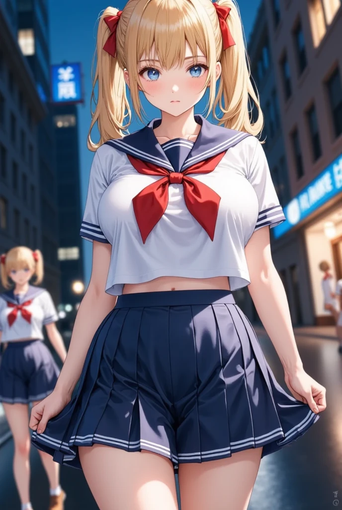 (masterpiece), best quality, expressive eyes, perfect face,girl, 1 girl, 18yo, Blonde, twintails, (big titts), dark blue eyes, (serious high school girl), school uniform,  sailor suit, middy uniform, (white shirt), red ribbon, (((((walking street))))), wet hair, standing, (brown school shoes), (full body), ((tsurime)), long shot, smile, ((( evening cityscape))), Vivid street lights and neon signs, ((( shot from the side)))