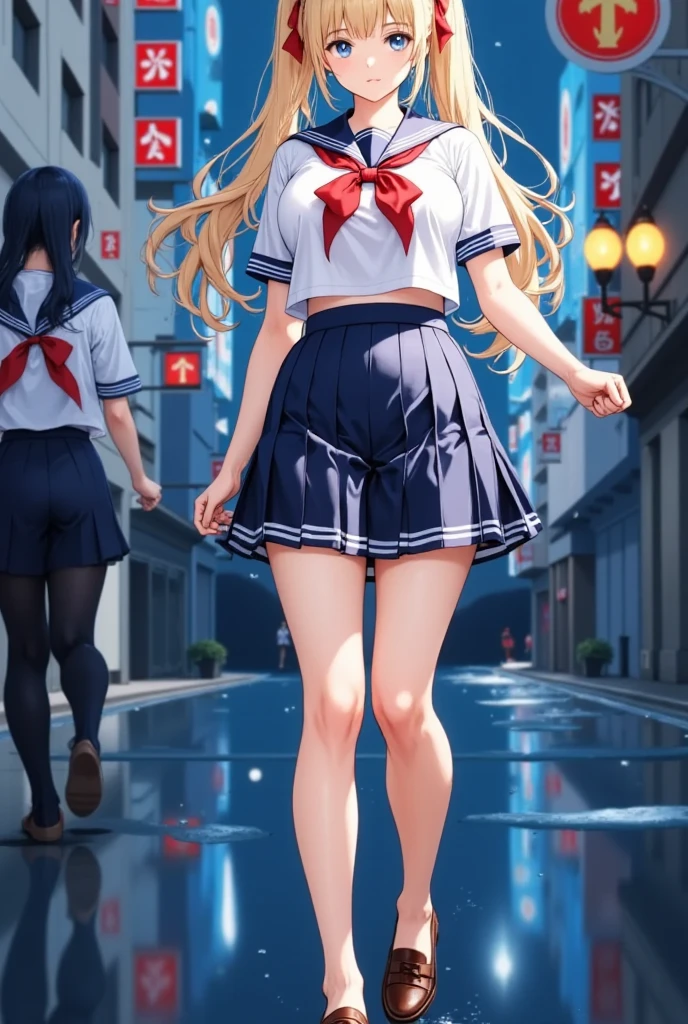 (masterpiece), best quality, expressive eyes, perfect face,girl, 1 girl, 18yo, Blonde, twintails, (big titts), dark blue eyes, (serious high school girl), school uniform,  sailor suit, middy uniform, (white shirt), red ribbon, (((((walking street))))), wet hair, standing, (brown school shoes), (full body), ((tsurime)), long shot, smile, ((( evening cityscape))), Vivid street lights and neon signs, ((( shot from the side)))