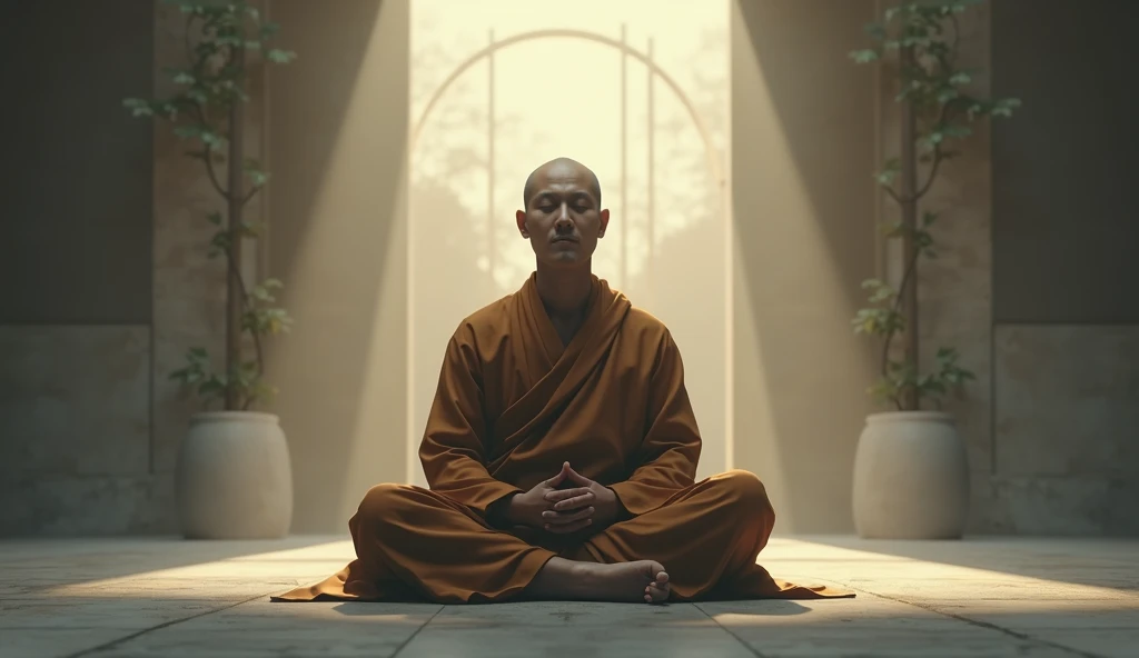  A monk taking deep breaths, calming themselves in a tense moment.
