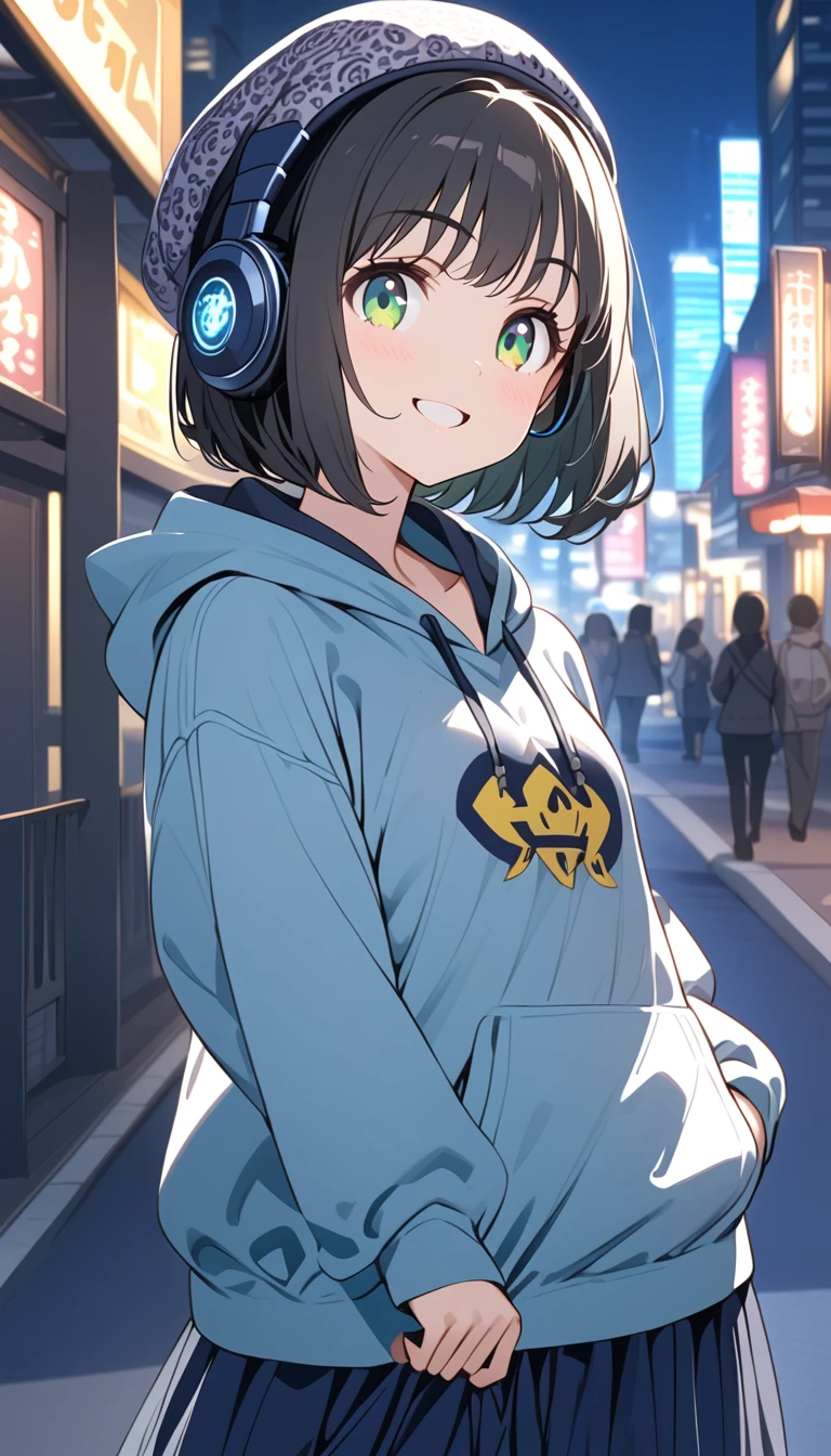 {{{masterpiece}}}, {{{ top quality}}}, {{ Ultra Detailed }}, { beautiful,  detail eyes},  1 girl , Alone, (( black hair)),  bob cut, (( green eyes)), (Hairy hair ), (pattsun maegami), Black headphones, , (かわいい黒の柄物 hoodie), cute black patterned hat,( cute black long skirt ), smile showing teeth ,pattsun maegami,Midea, hoodie, jade colored eyes,Night City,
